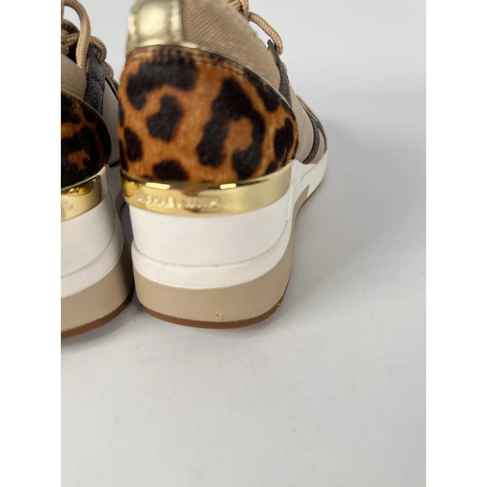 Michael Kors Georgie Wedge Sneakers Leopard Print Gold Tan HJ19F‎ Womens 7.5M